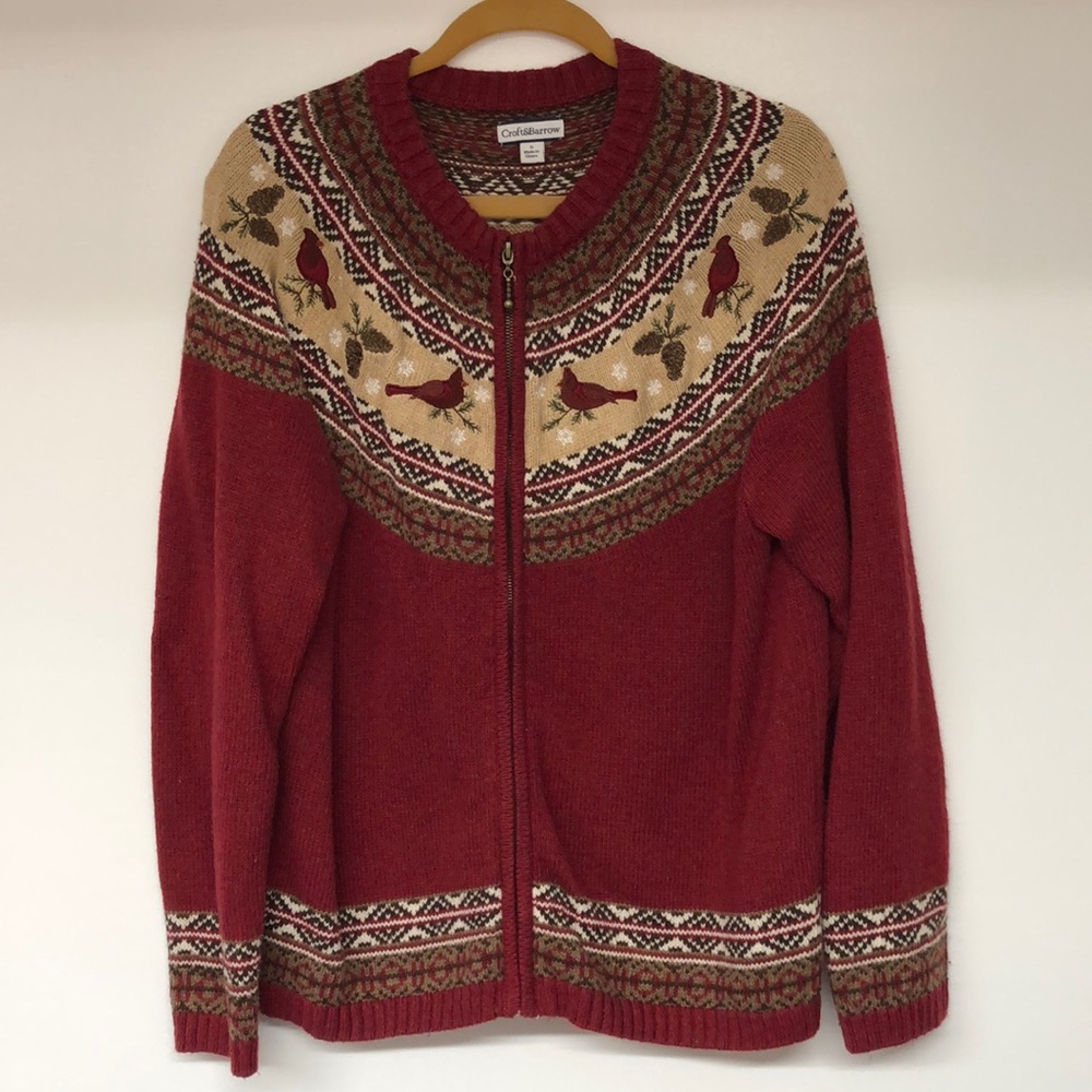 Christmas Zippered Knit Sweater Red Cardinals Sm